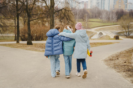 Teen girls walk together, hugging shoulders, each holding a skateboard. Jackets, jeans, sneakers show winter street style. Outdoor friendship, movement, balance, youth bonding, lifestyle and freedom.の写真素材