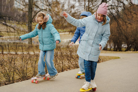 Teen girls ride skateboards on city path in winter park. Jackets and jeans reflect urban youth style. Street sport improves balance, movement, coordination, friendship and outdoor fun for kids.の写真素材