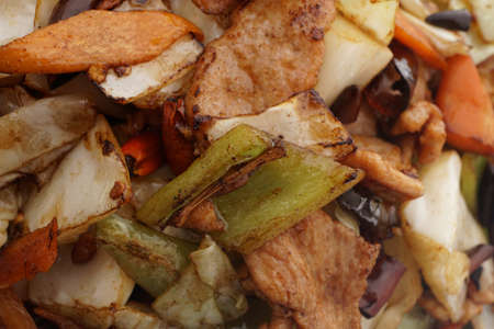 Chinese food. Hot pork with vegetables. Closeup.の写真素材
