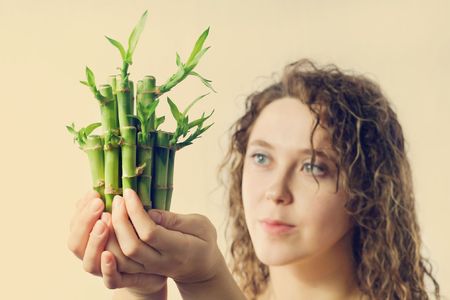 An image of a pretty woman with green bambooの写真素材