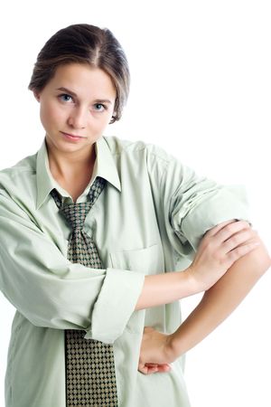 An image of a beautiful young girl in a green shirtの写真素材