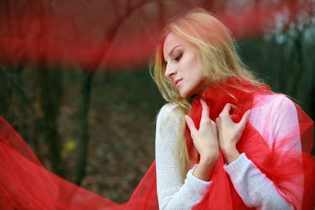 An image of a woman with a red ribbonの写真素材