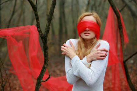 An image of blindfolded nice woman in the forestの写真素材