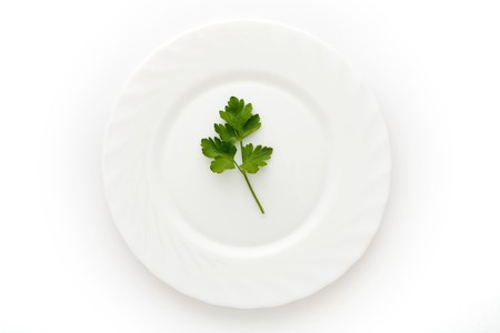 An image of a plate with leaf of parsley on itの写真素材