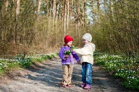 An image of two little girls in the forestの写真素材
