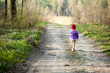 An image of a little girl walking in the forestの写真素材