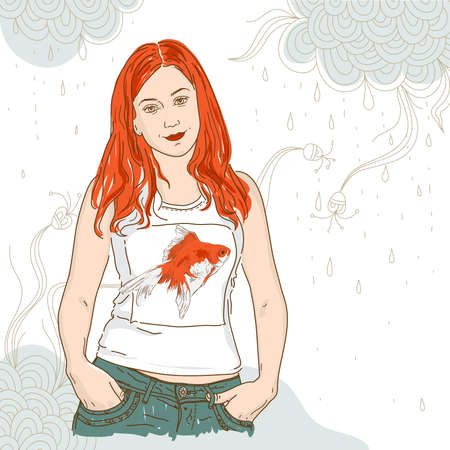 pretty girl with long red hair and goldfishのイラスト素材