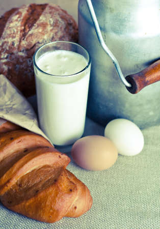 Close up of healthy  products includes milk, eggs and bakery