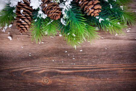 Christmas Fir Tree Border  on a wooden surfaceの写真素材