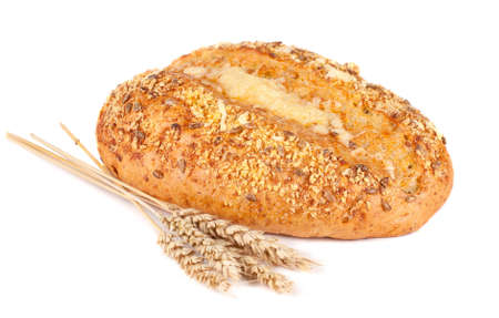 Fresh bread and bran. White background
