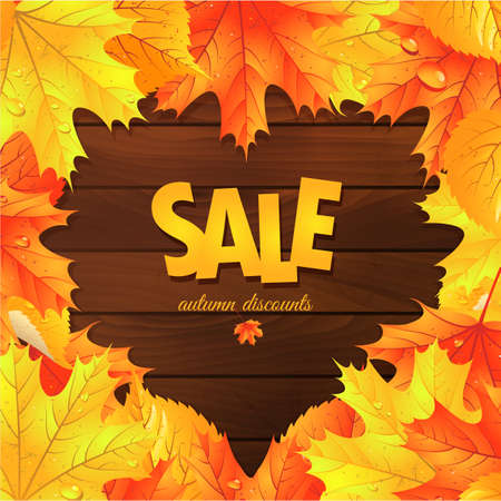 Sale. Autumn leaves on a wooden backgroundのイラスト素材