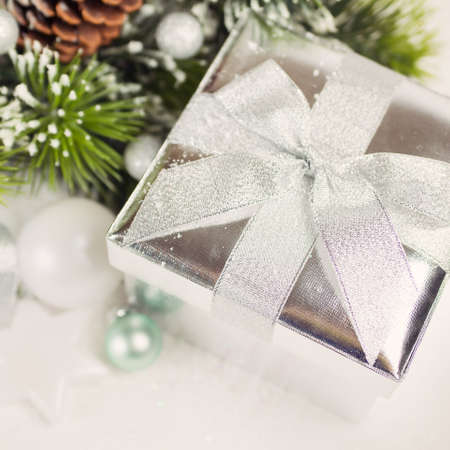 Christmas gift box, top view, close-upの写真素材