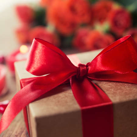 Gift box with a red ribbon, Close-upの写真素材