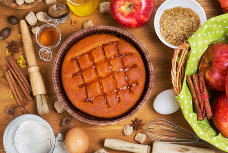 Homemade pie on the table, top view