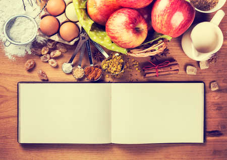 Blank notebook for writing recipes and ingredients for baking, top viewの写真素材