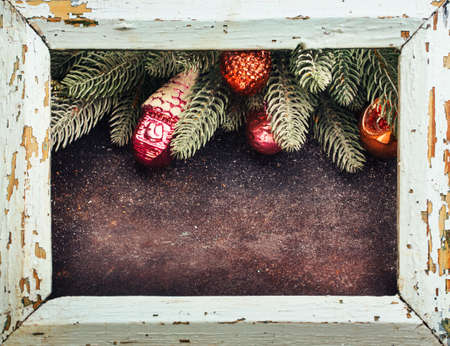 Vintage frame with Christmas decoration. Christmas Holiday background  and free text spaceの写真素材