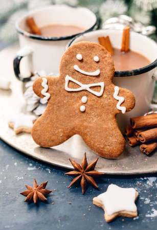 Christmas gingerbread man and hot chocolate. Christmas Holiday background