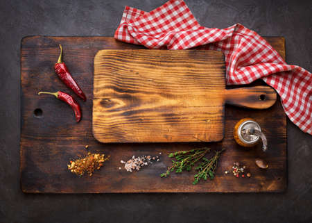 Cutting Boards and Spice for cooking. Food background with copyspace. Top viewの写真素材