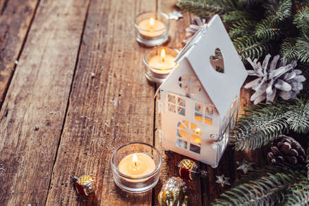 Christmas holidays background with candles. Lots of copy spaceの写真素材