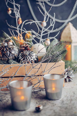 Vintage Decorations for Christmas and New Year, christmas balls, candles. Shallow depth of fieldの写真素材