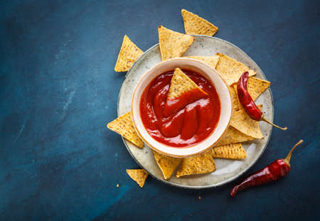 Nachos on plate and red sauce on a blue background. The view from the top.の写真素材