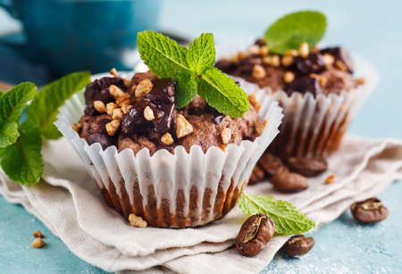 Chocolate Muffins close-up. Food background, selective focusの写真素材