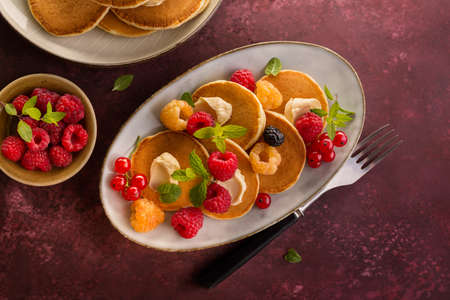 Homemade pancakes with raspberriesの写真素材