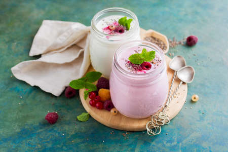 Healthy yogurt with mix of berry and chia seeds, selective focusの写真素材