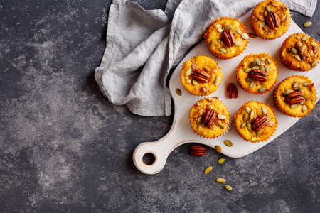 Freshly baked pumpkin muffins.の写真素材