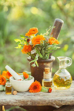 Fresh herbs, calendula and different types of oils. Selective focus.の写真素材