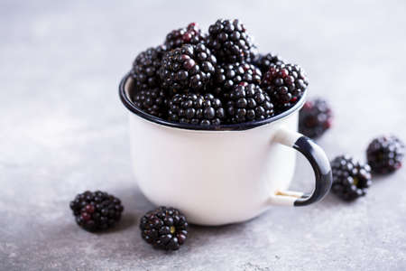 Juicy fresh blackberries in a cup. Organic healthy berries. Selective focusの写真素材