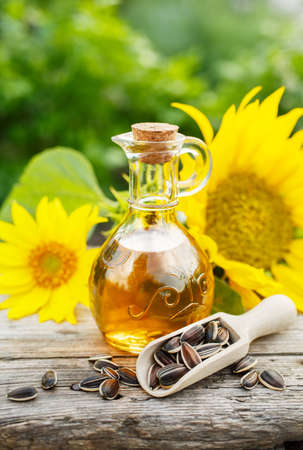 Organic sunflower oil in a small glass jar. Close-upの写真素材