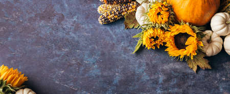 Autumn background with festive decoration and copyspace.の写真素材