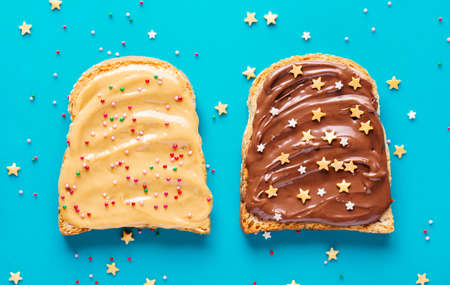 Toasts with peanut and chocolate butter.の写真素材