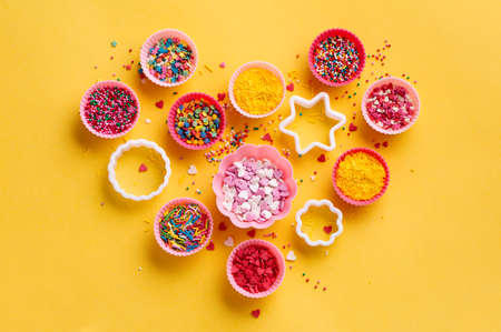 Sugar sprinkles, decoration for cake and ice-cream and cookies. Baking and cooking concept, Top view, Flat layの写真素材