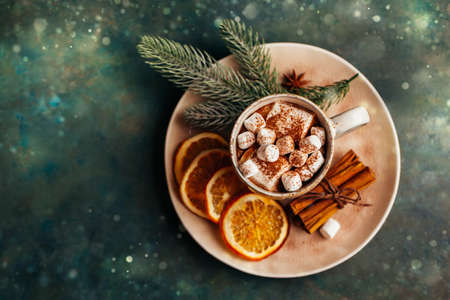 Hot chocolate with marshmallows on a christmas dark background. Top view.の写真素材