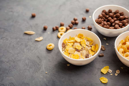 Bowls with cereals for breakfastの写真素材