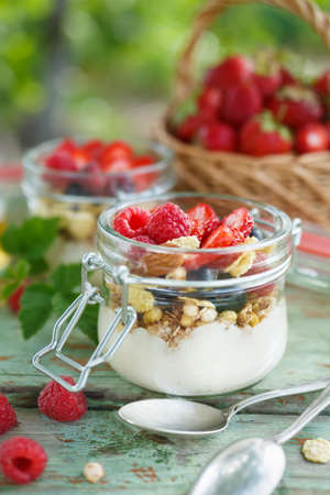 Homemade yogurt with granola and berriesの写真素材