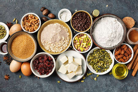 Different ingredients for baking, Home baking. Food background with copy space, top viewの写真素材