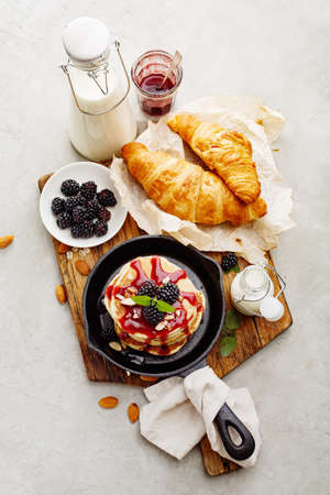 Homemade pancakes with blackberryの写真素材