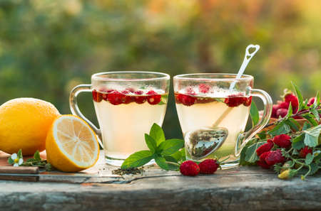 Two cups of hot tea.の写真素材