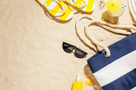 Beach accessories on the sand.の写真素材