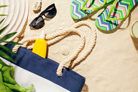 Beach accessories on the sand.の写真素材