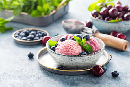 Cherry ice cream with fresh blueberries and mint leaves in a bowl on a blue backgroundの写真素材