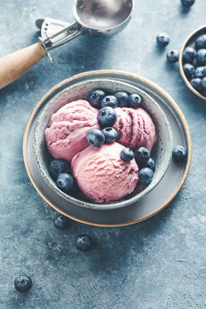 Homemade Ice cream with fresh blueberries. Toned image.の写真素材