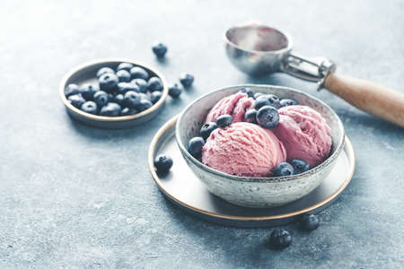 Ice cream with fresh blueberries and spoon for ice cream. Food background with copy spaceの写真素材