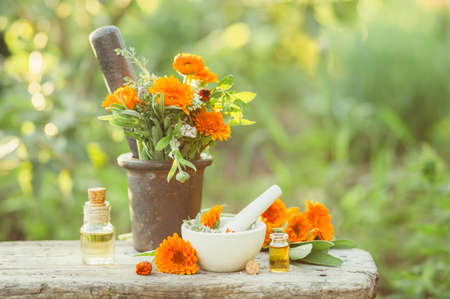 Variety of fresh herbs, calendula and oils for massage and aromatherapy. Selective focus.の写真素材