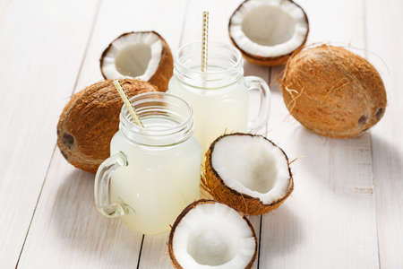 Refreshing coconut water in jarsの写真素材