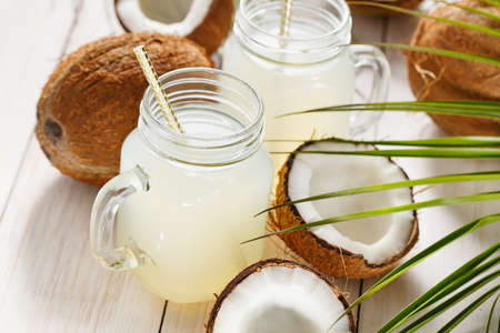 Refreshing coconut water in jarsの写真素材