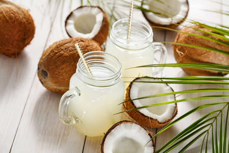 Fresh Coconut Water in a Glass. selective focusの写真素材